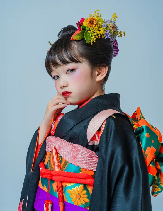 黒地に金彩で孔雀を描いた七五三着物「孔雀」を着た女の子