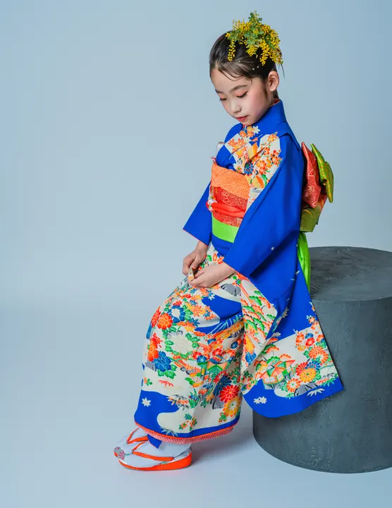 鮮やかな青地に四季の花々の柄の七五三着物「蒼」を着た女の子