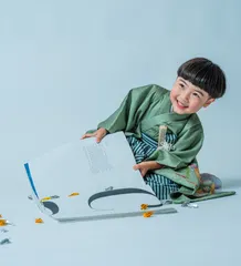 舞う折り鶴を取り入れたシーンで撮る着物姿の七五三の子ども（Orizuru シーン）